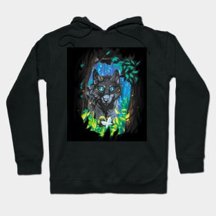 Black Wolf with Glowing Blue Eyes in the Forest Hoodie